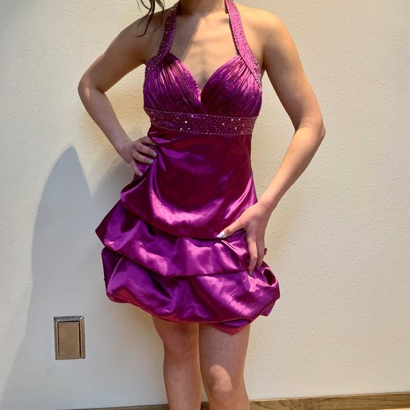 Dresses & Skirts - Purple Halter Satin Ruched Puffy Party Dress